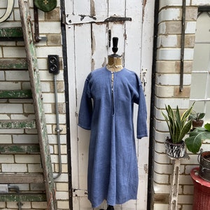 Antique French blue linen flax hemp dress smock size M