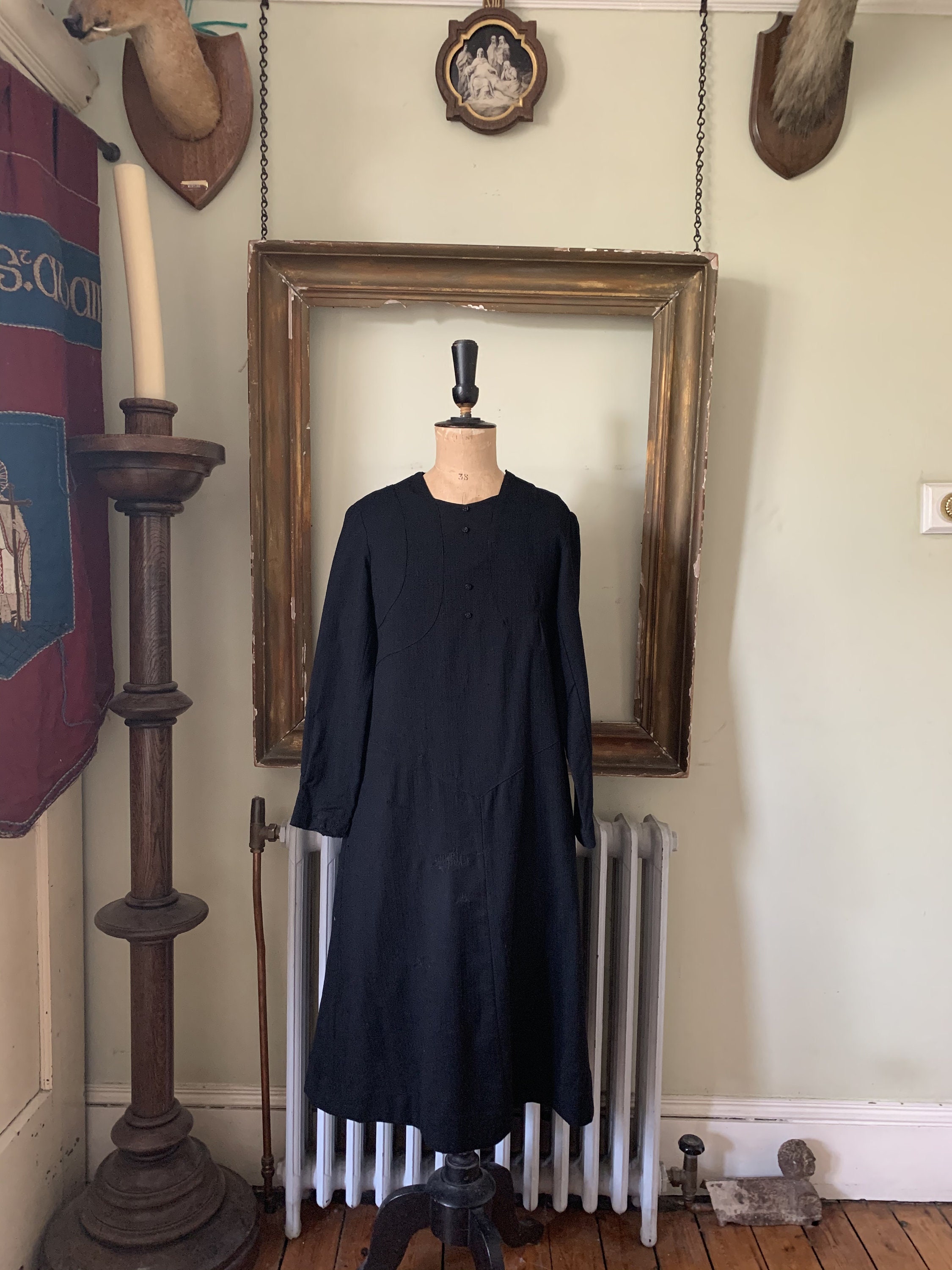 Image of Antique French Black Wool Handmade Shift Dress Size S/M