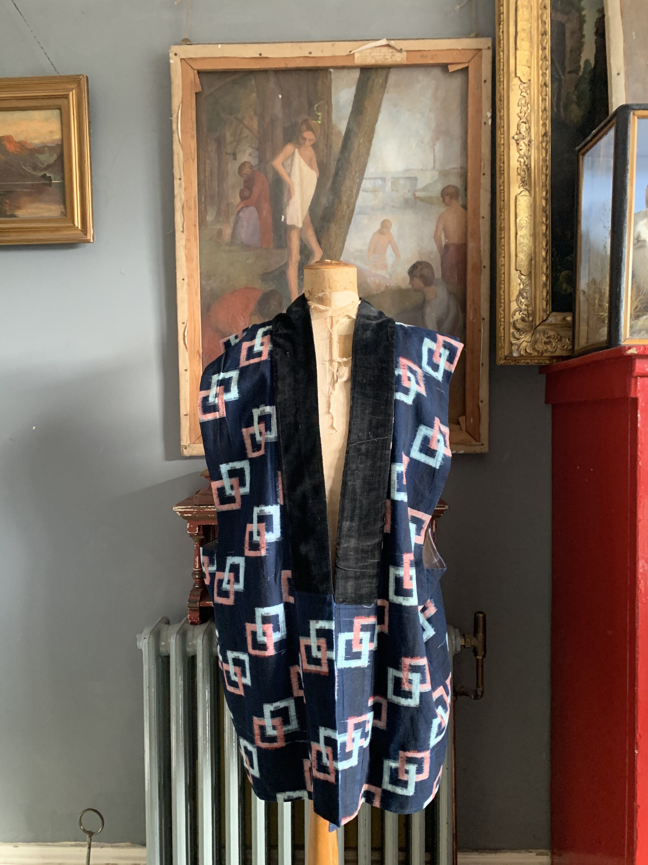 Image of Antique Japanese Ikat Indigo Blue Pink Linen Kimono Gilet Waistcoat Open Jacket Size M/L