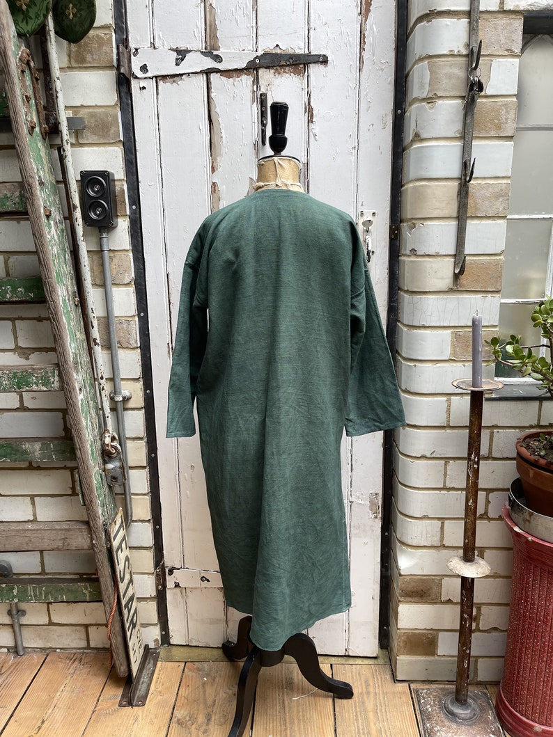 Antique French green linen long jacket coat housecoat size M UK 12 画像 5