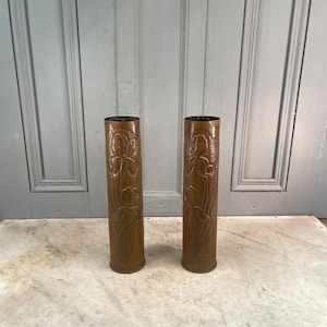 Pair French antique WW1 Trench Art brass vases with worked floral pattern