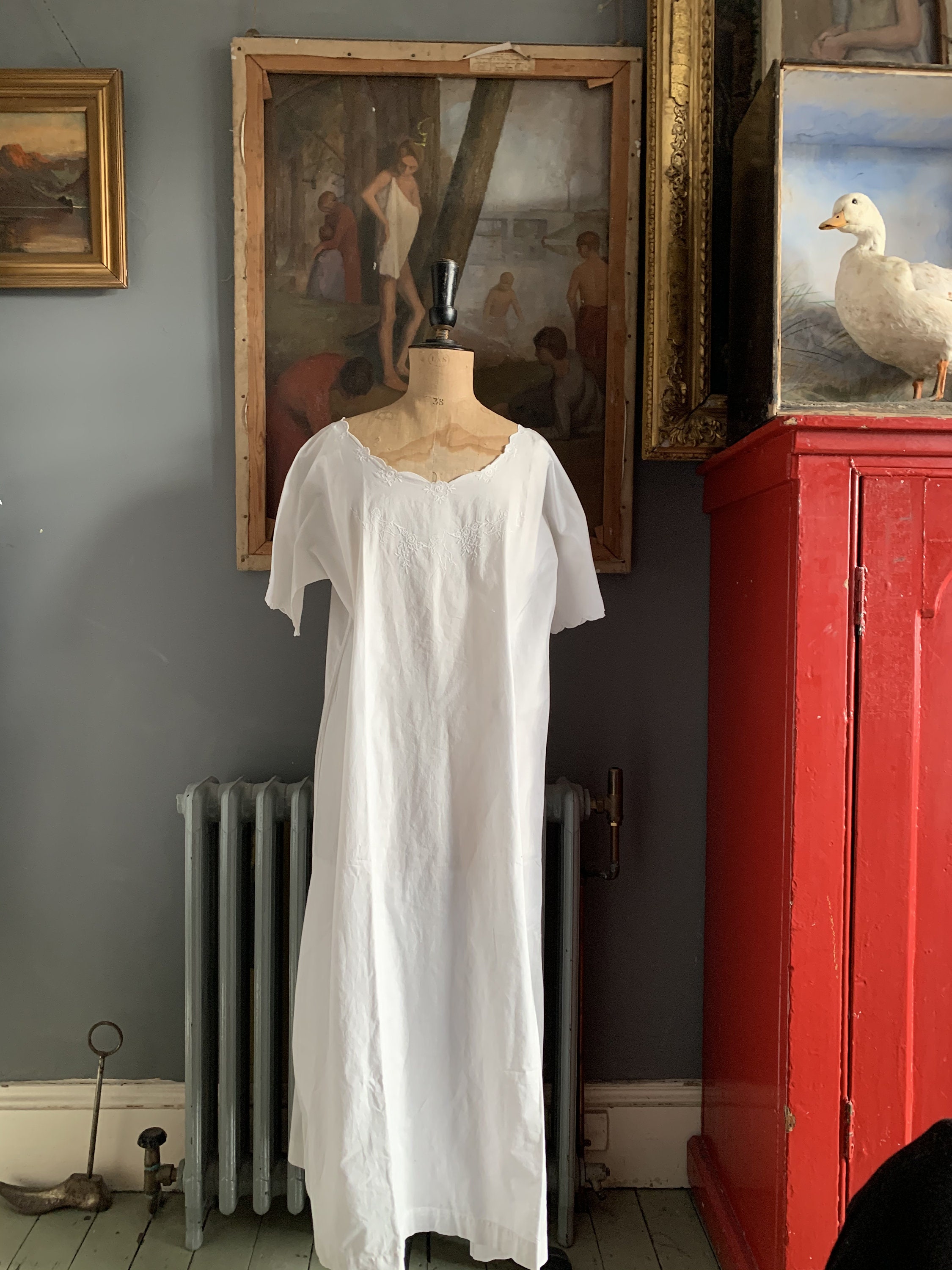 Image of Antique Long White Cotton Embroidered Dress Nightdress Size L