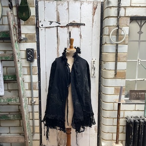 Antique French black wool cape cloak with embroidery and silk trim one size