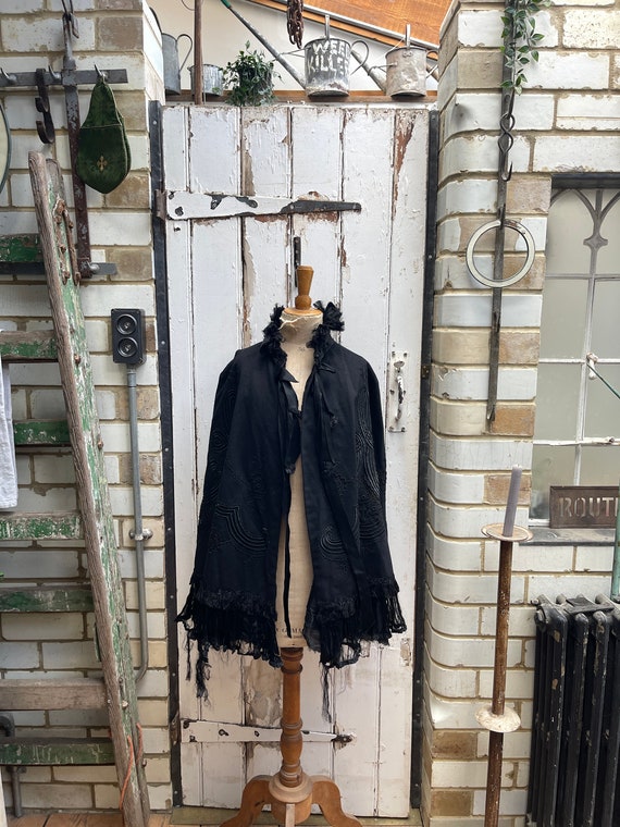 Antique French black wool cape cloak with embroid… - image 1
