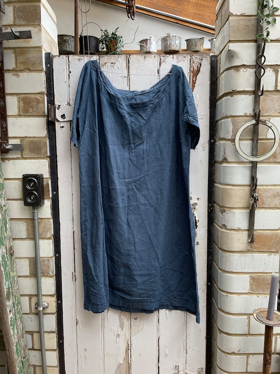 Antique French blue linen dress initials LC size L - image 1
