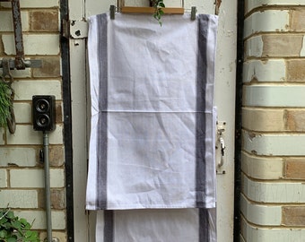 Pair white linen cotton metis herringbone weave tea towels drying up cloths torchon grey stripe