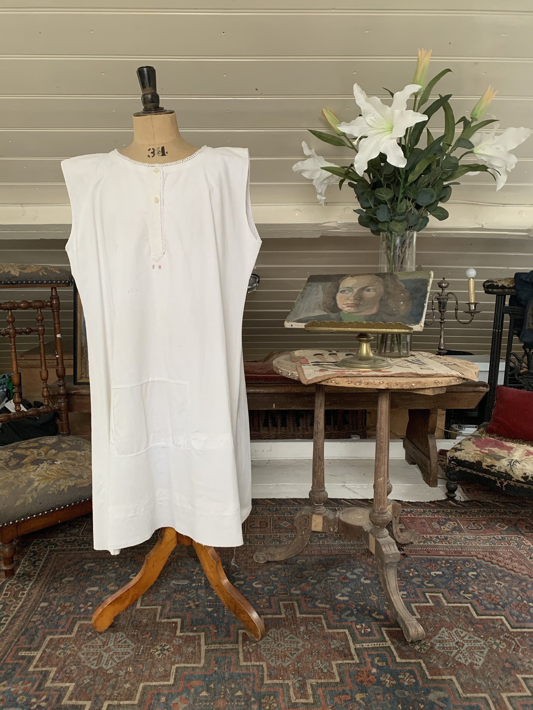Image of Antique French White Cotton Shift Dress Nightdress Embroidered Initials Pb Size M/L