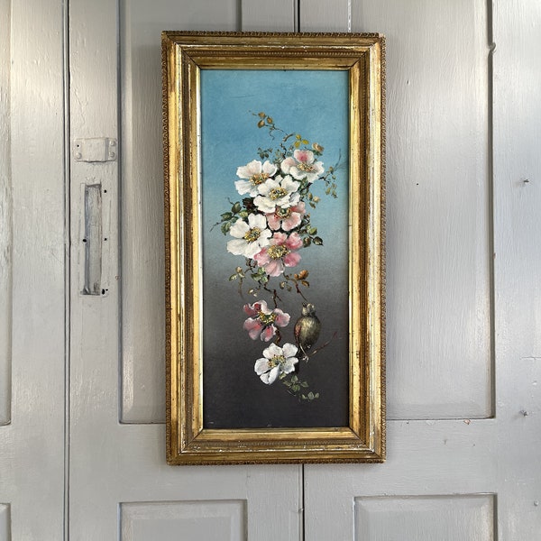 Antique oil painting still life study of bird in cherry blossom (2 of 2)