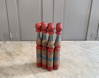 Set of 7 antique French wooden red blue toy skittles