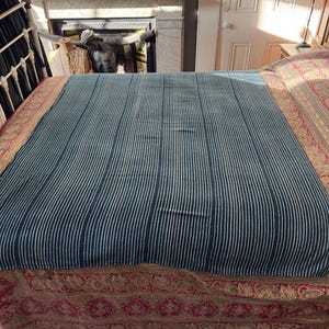 Antique handmade indigo blue white striped cotton tablecloth throw shawl textile fabric