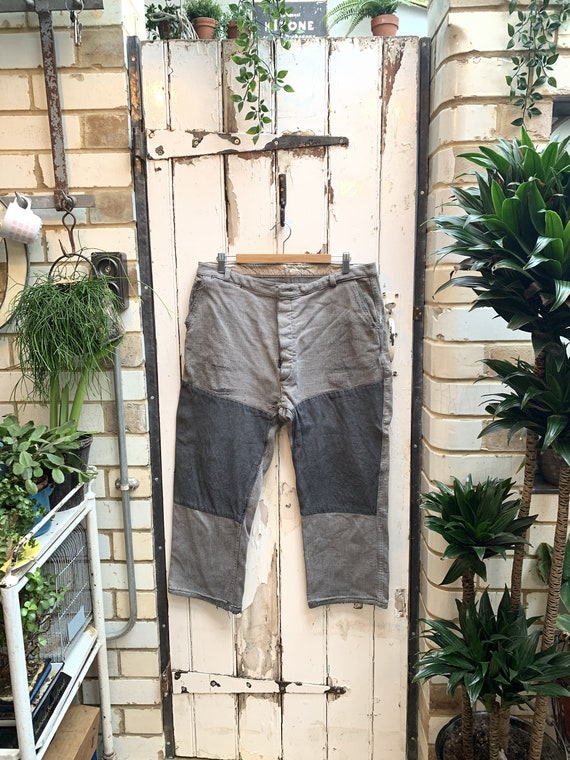 Antique French thick grey cotton trousers with pat