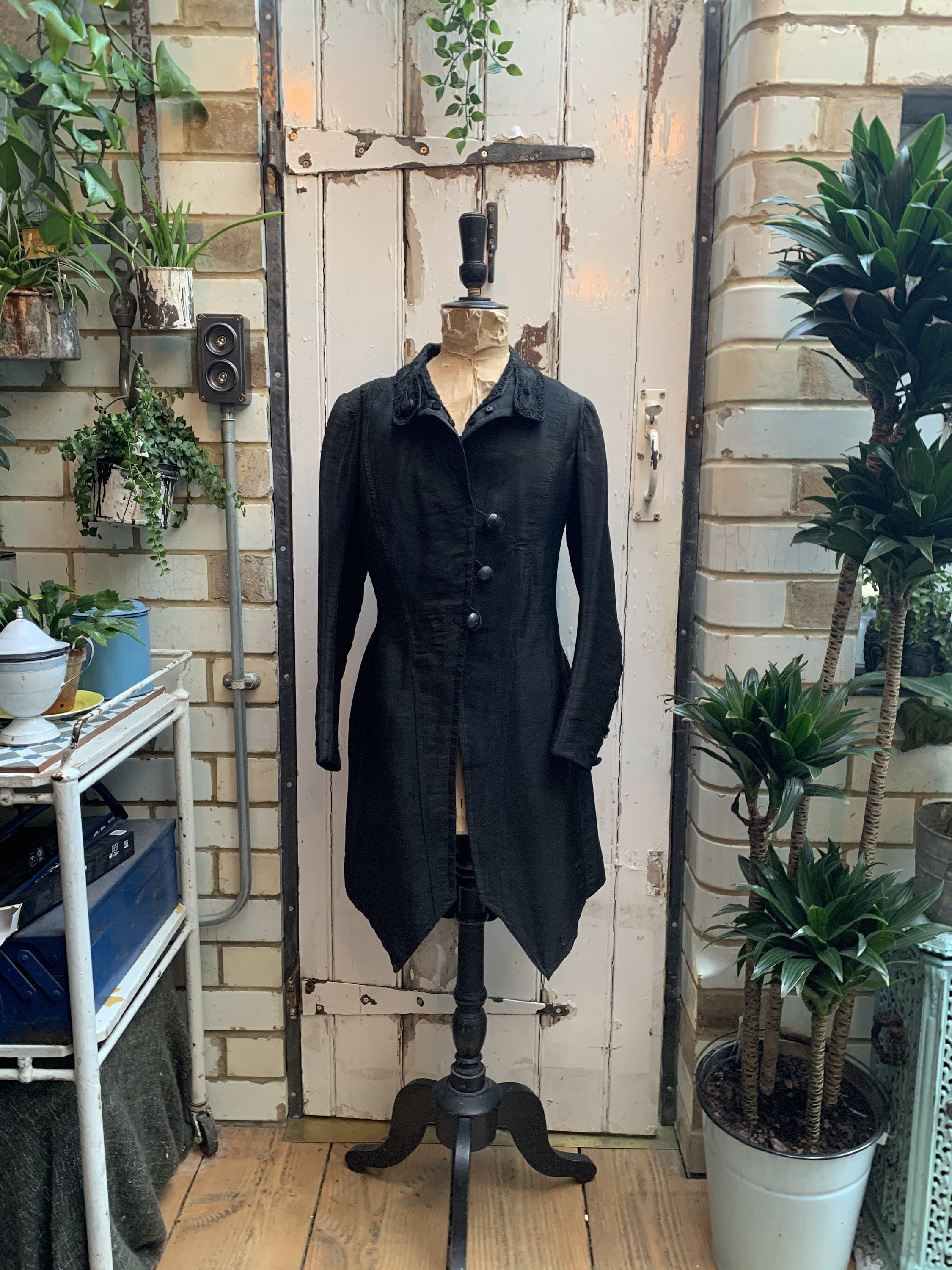 Image of Antique French Ladies Black Handmade Long Jacket Blazer Size S Uk