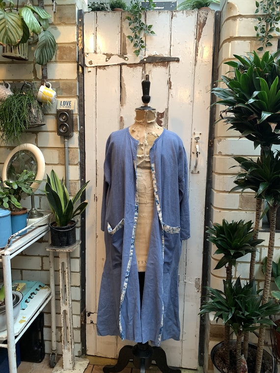 Antique French blue linen dressing gown housecoat… - image 1