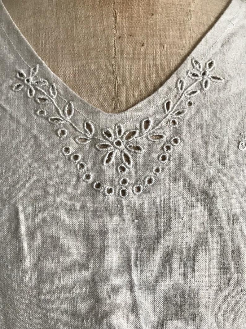 Antique French beige unbleached linen sleeveless nightdress monogram RH size M UK 12