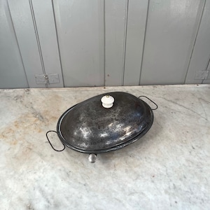 Antique Victorian tin and ceramic warming dish