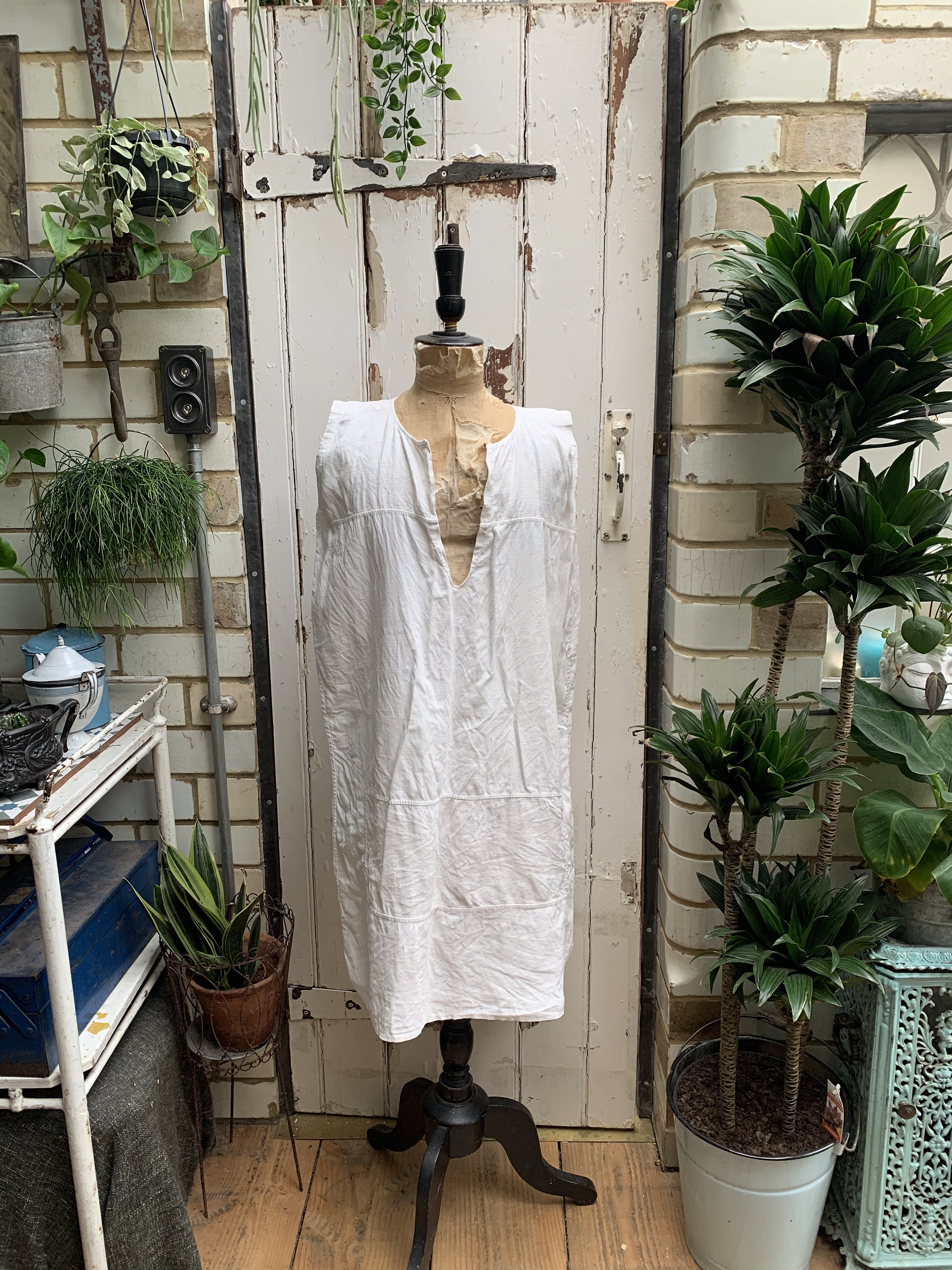 Image of Antique French White Linen & Cotton Patched Sleeveless Shift Dress Nightdress Size L
