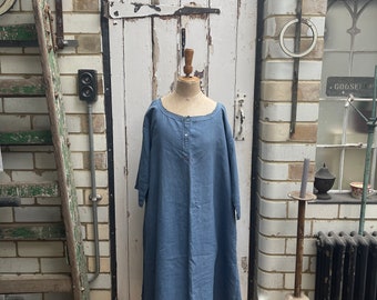 Antique French blue linen hemp flax dress nightdress smock red initials VBH size M/L