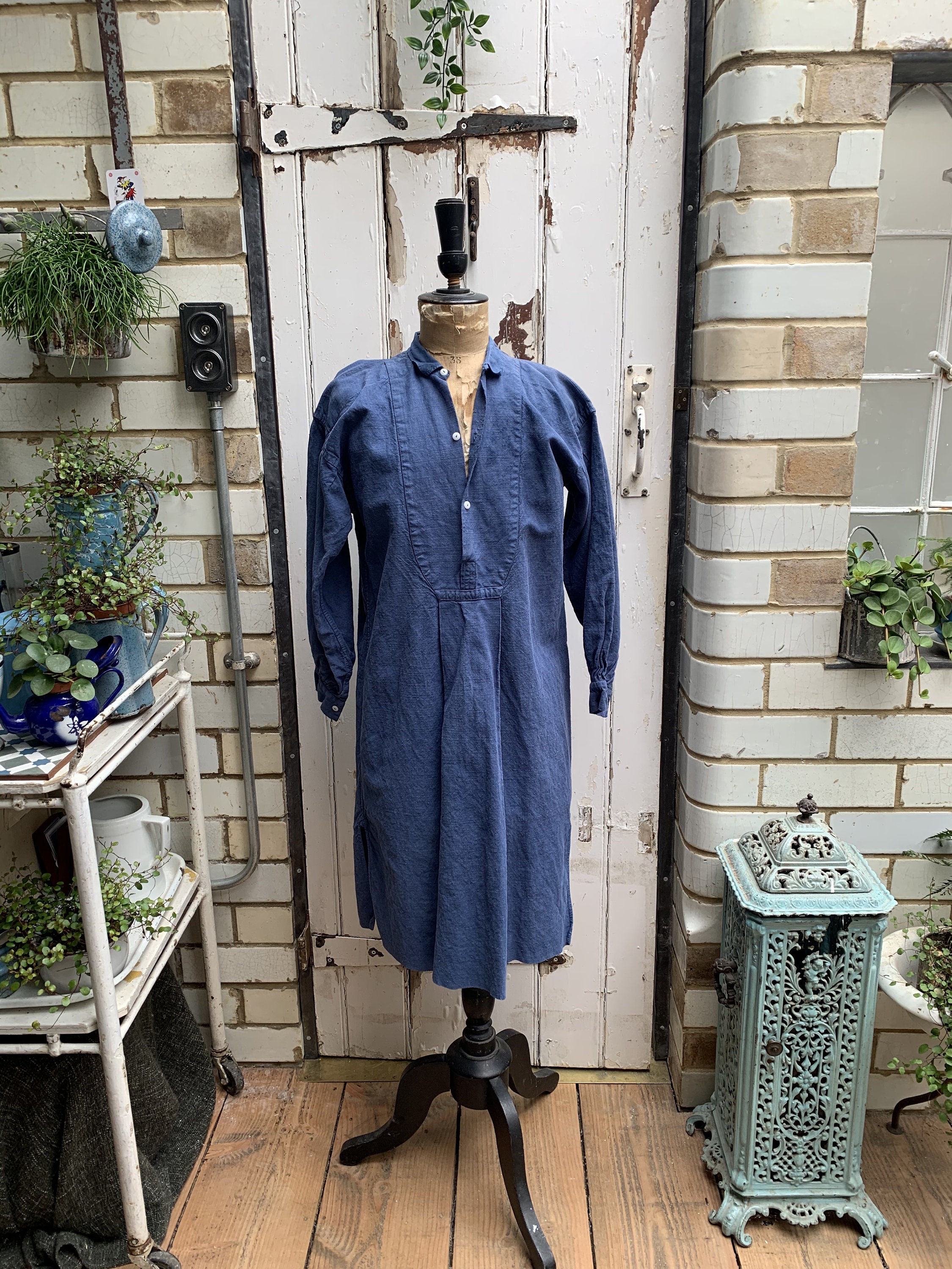 Image of Antique French Blue Linen Cotton Metis Shirt Dress Chemise Smock Nightshirt Size S Uk