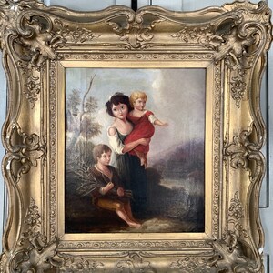 Antique Georgian early Victorian oil painting portrait of children in gesso frame image 3