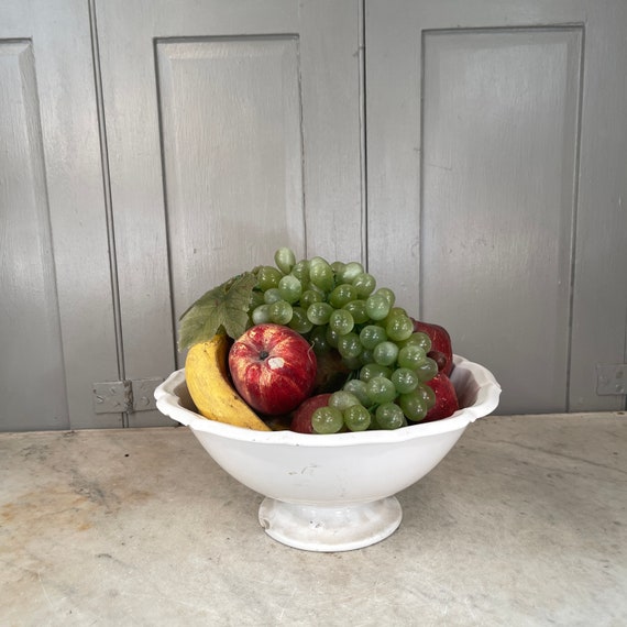 Antique French Gien White Ceramic Fruit Bowl With Wax and Plastic Fruit 