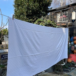 May include: A white sheet hanging on a clothesline in a backyard. The sheet has a subtle embossed pattern. The sheet is hanging in front of a wooden shed with a window and a green bush.