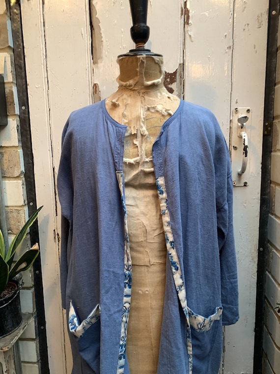 Antique French blue linen dressing gown housecoat… - image 2