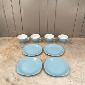 Vintage retro Melmex blue set of plates and cups