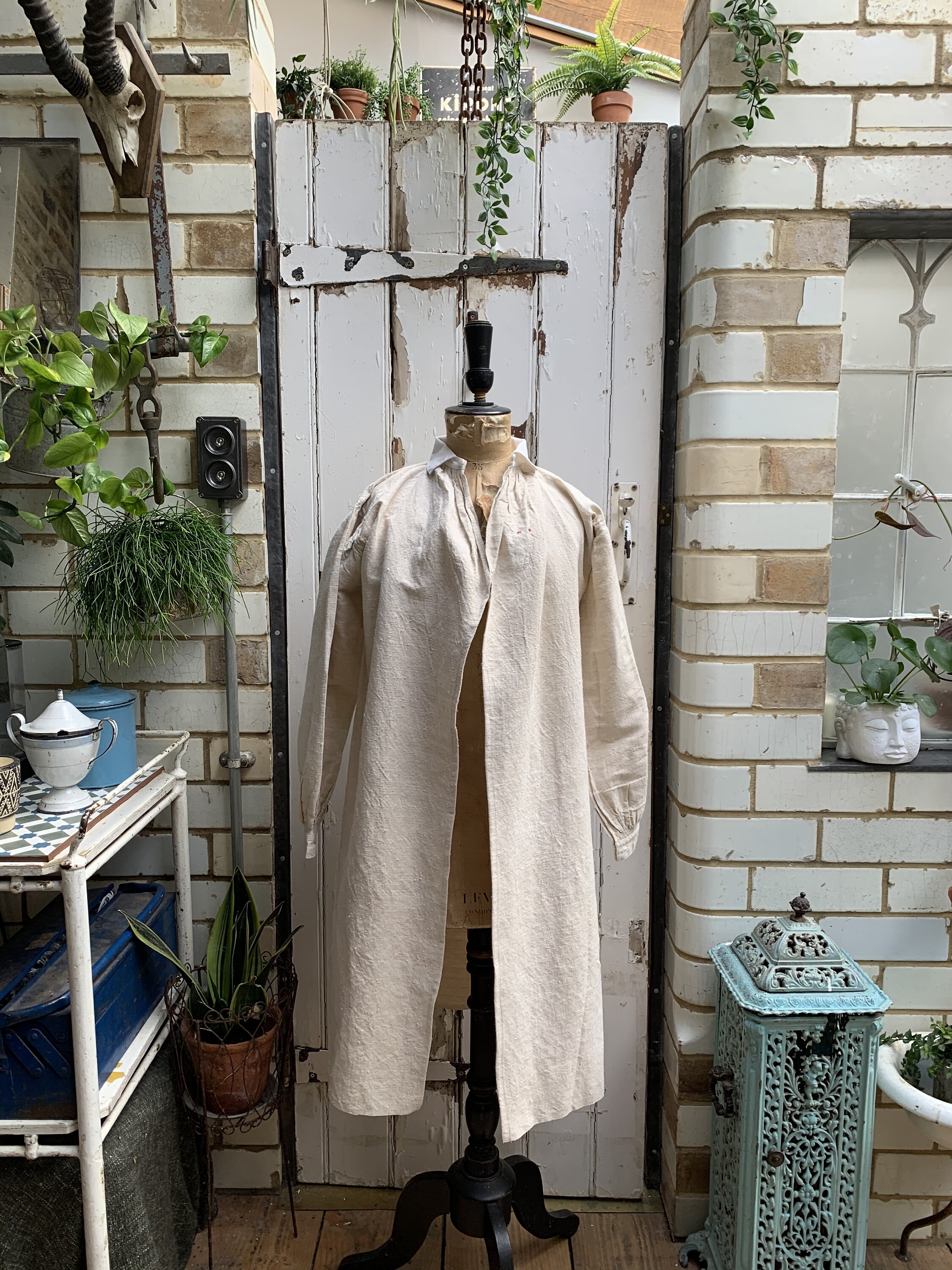 Image of Antique French White Linen Shirt Chemise Long Jacket Coat Open At Front Initials Mb Size M Uk