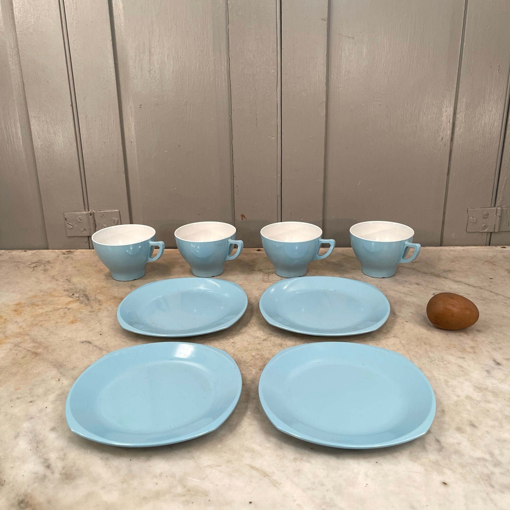 ドイツ　プレート　セット　ビンテージ ヴィンテージレトロなメルメックスブルーのプレートとカップのセット