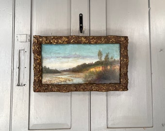 Antique French river landscape oil painting