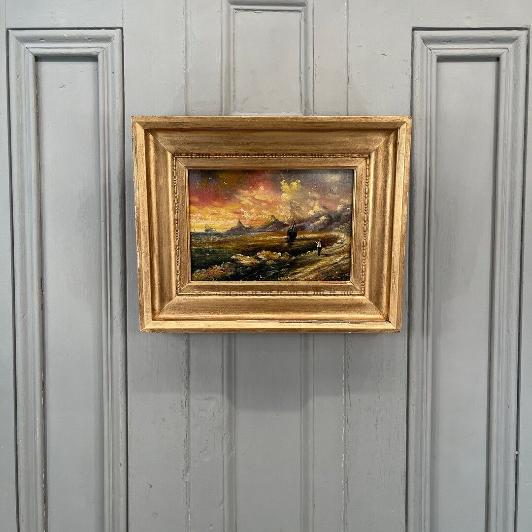 Antique Oil Painting Coastal Beach Scene at Sunset With Fishing Boat - Etsy