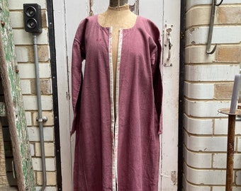 Antique French Bordeaux rose pink linen cotton metis long jacket coat initials MB size M
