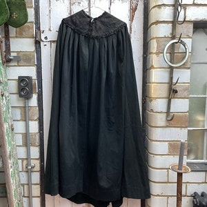 Antique French handmade long black wool cape cloak with silk trim collar one size