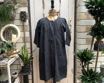 Antique French dark slate grey linen dress red initials AC size M UK 12