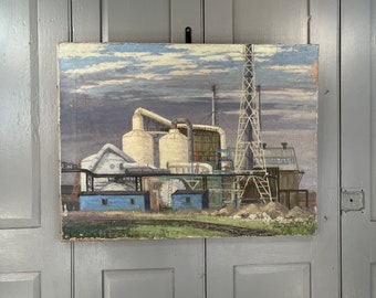 Antique vintage oil painting study of industrial plant signed Clive Browne