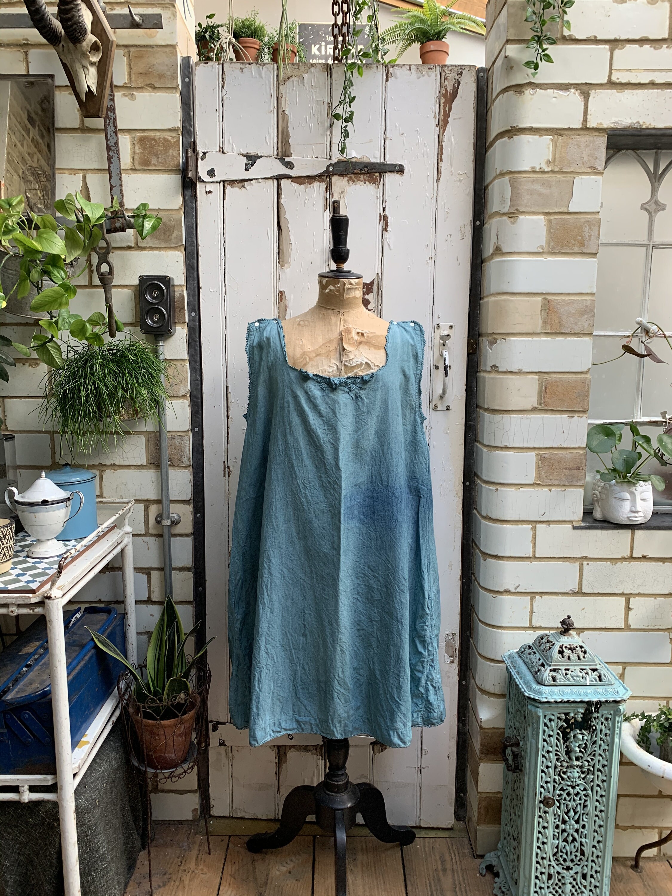 Image of Antique French Teal % Linen Shift Dress Nightdress Size M Uk