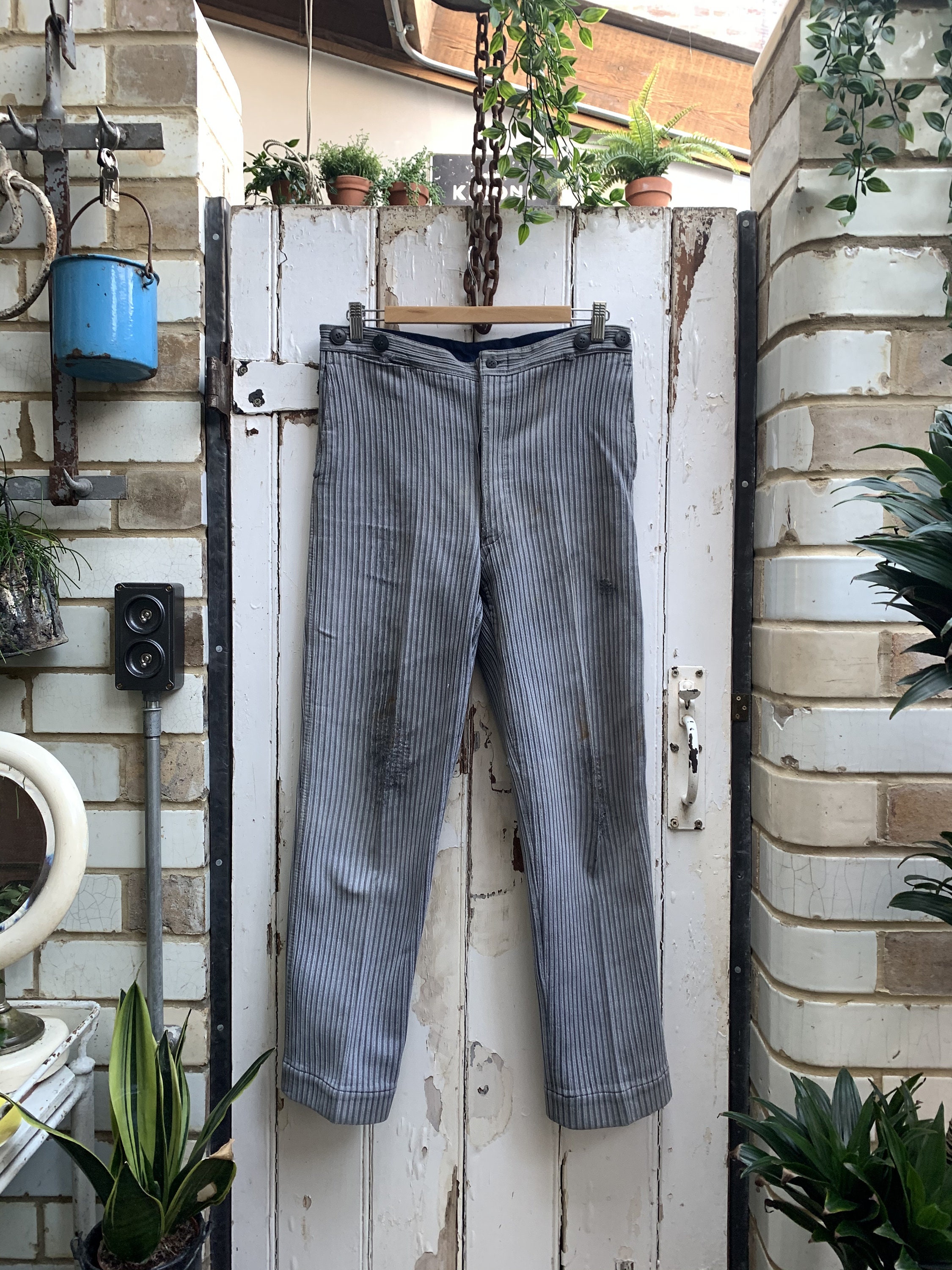 Image of Antique French Mens Handmade Stripy Thick Grey Cotton Trousers Size S 32 Inch Waist