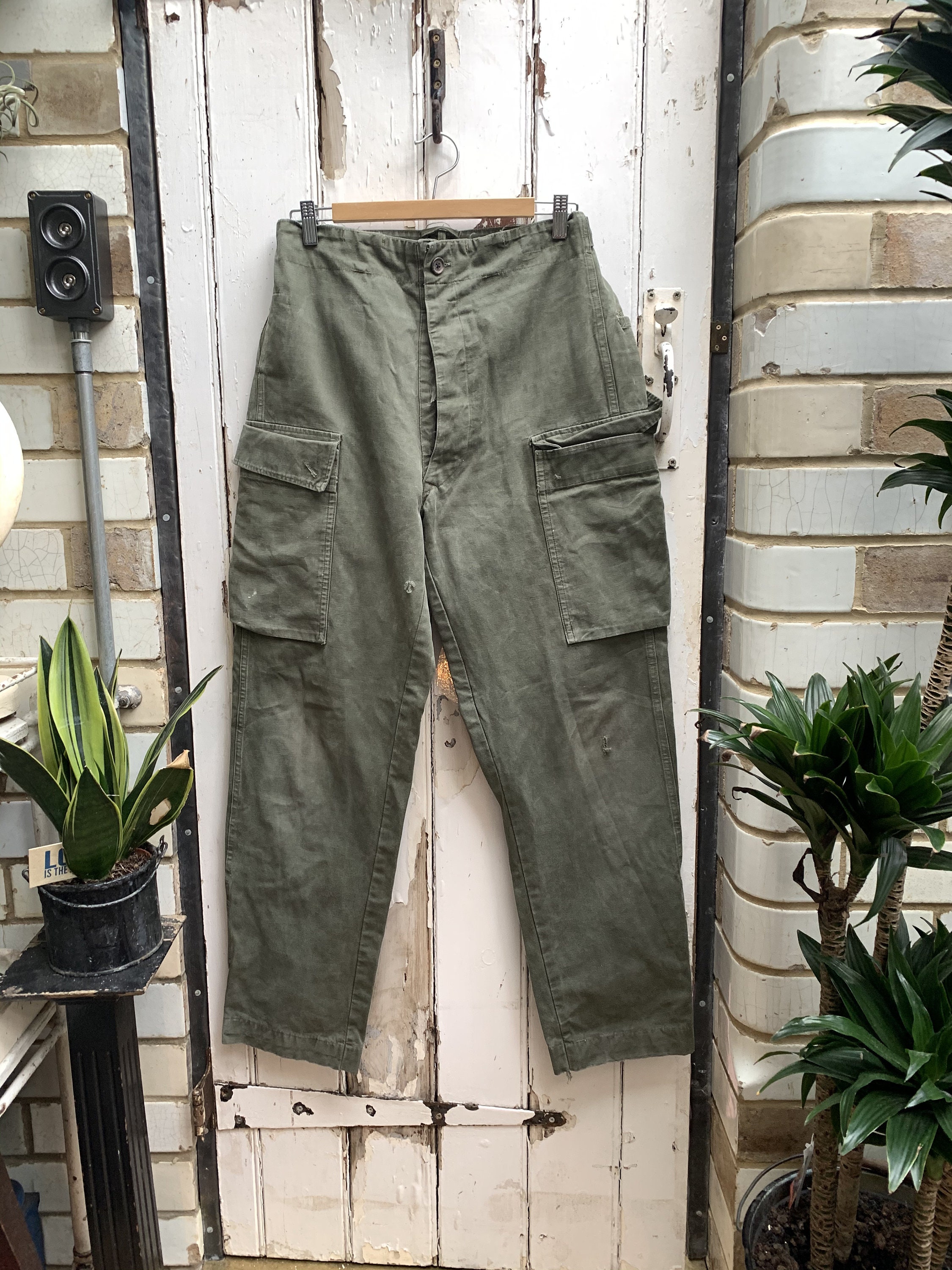 Image of Vintage French Mens Khaki Cotton Military Army Cargo Pants Trousers Size S Dated 1959