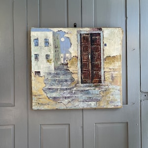 Vintage Impressionist oil painting of Mediterranean village signed AE Hance 1984