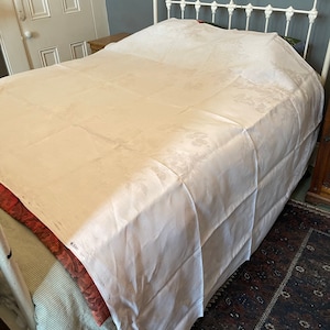 Antique white Irish linen damask tablecloth embroidered initials WHT