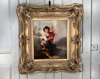 Antique Georgian early Victorian oil painting portrait of children in gesso frame