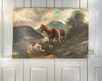 Antique Scottish oil painting study of horse, deer and hunting dog by W Benyon (2 of 2)