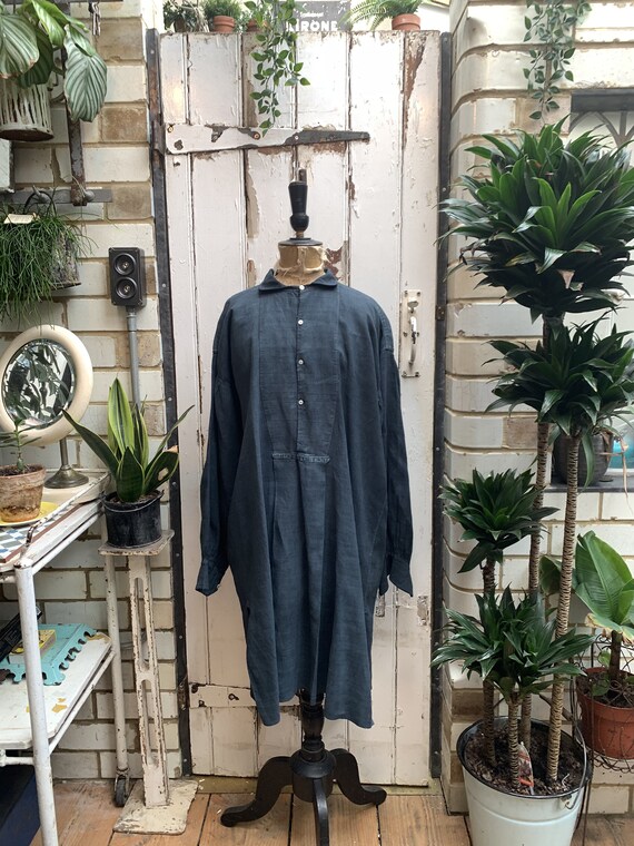 Antique French indigo linen shirt dress chemise sm