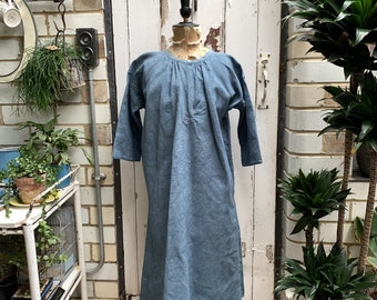 Antique French blue linen hemp flax dress nightdress smock red initials MJ size M/L