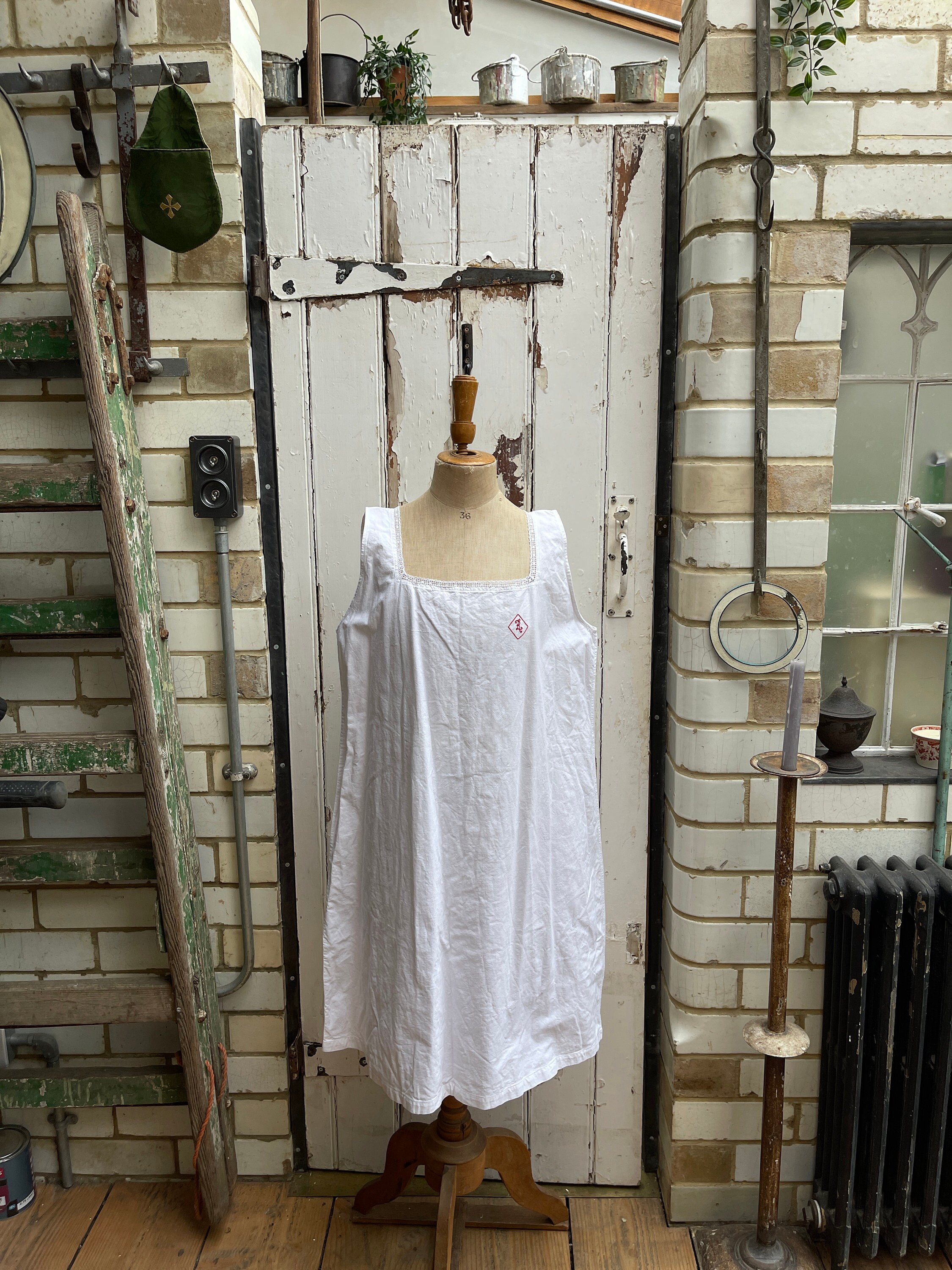 Antique French white cotton shift dress slip nightdress initials RL size M UK 12