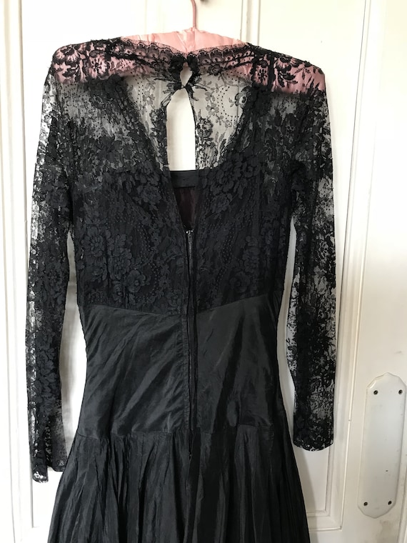 Antique long black satin lacy dress size S UK 10 - image 9