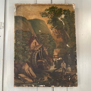 Antique river landscape oil painting of a water mill watermill signed FW
