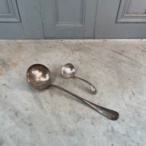 Antique Edwardian silver plated soup serving spoon ladle and smaller sauce ladle