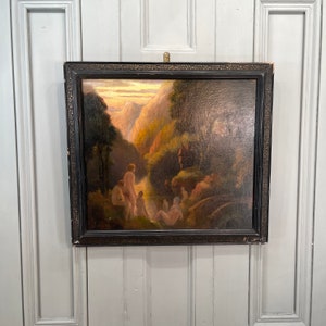 Antique Impressionist river landscape oil painting of bathers at sunset