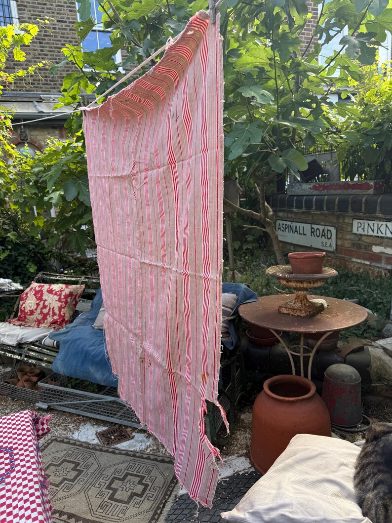 May include: A weathered, vertically-oriented textile with red and white stripes hangs outdoors. The fabric is frayed and shows signs of age. The textile is suspended from a line, suggesting it may be a curtain or a piece of vintage fabric.